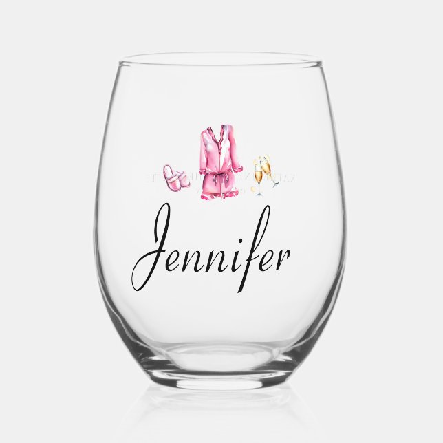 Pajamas Prosecco Chic Bachelorette Party Custom Stemless Wine Glass (Front)