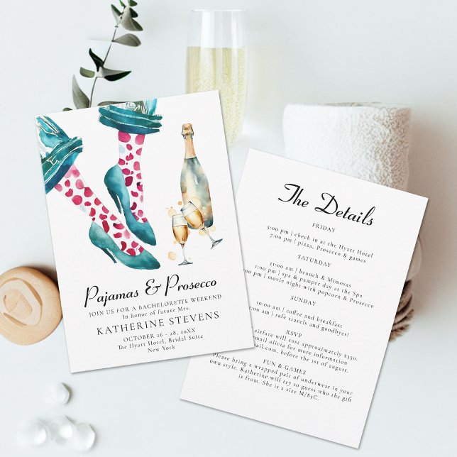 Pajamas Prosecco Chic Bachelorette Party Itinerary Invitation (pajamas prosecco bachelorette party weekend itinerary invitation whimsical stilettos pjs watercolor )