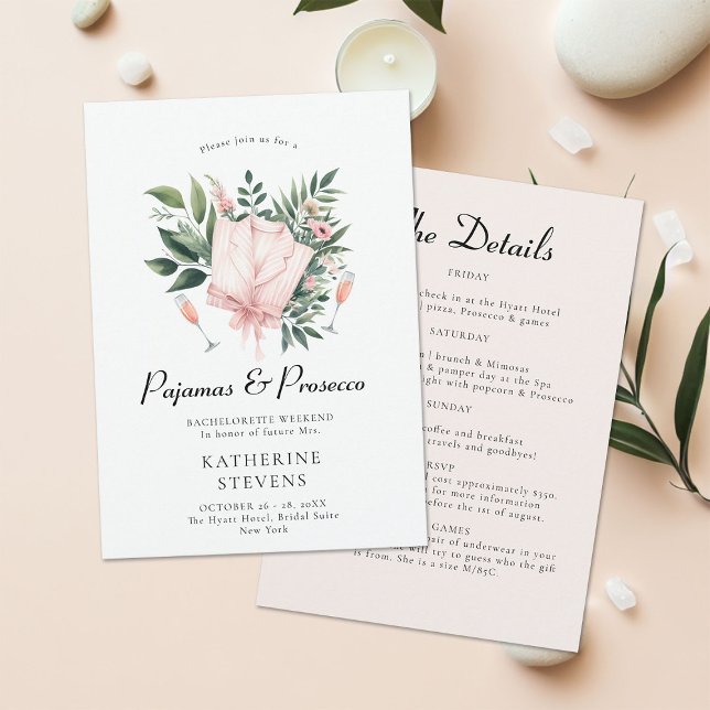 Pajamas Prosecco Leaf Bachelorette Party Itinerary Invitation (pajamas prosecco bachelorette itinerary invitation champagne greenery lingerie pj elegant classy )