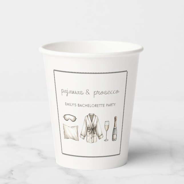 Pajamas & Prosecco Personalized Bachelorette Party Paper Cups (Front)