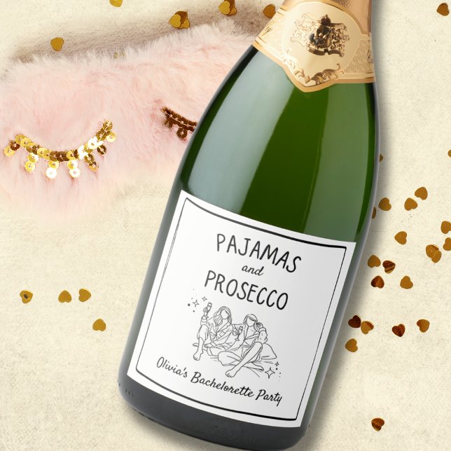 Pajamas & Prosecco Personalized Bachelorette Party Sparkling Wine Label (Party in style with 'Pajamas and Prosecco' bottle labels – perfect for a trendy bachelorette bash!)