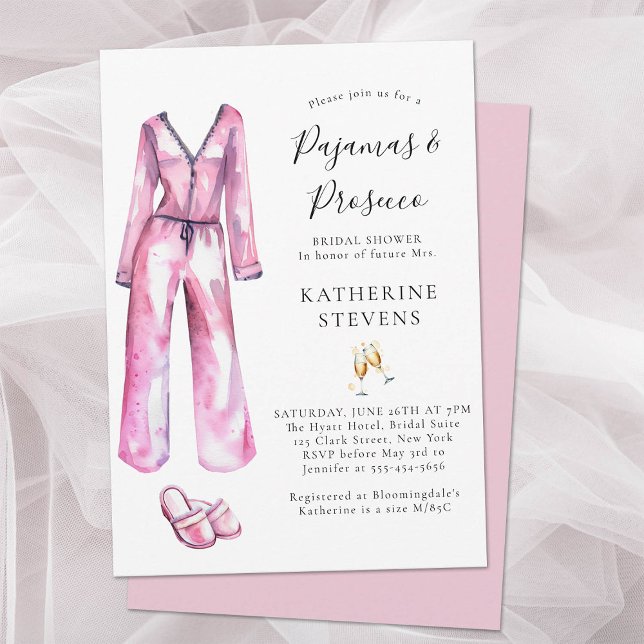 Pajamas Prosecco PJ Lingerie Party Bridal Shower Invitation (pajamas and prosecco bridal shower invitation watercolor pj slippers champagne elegant pink classy)