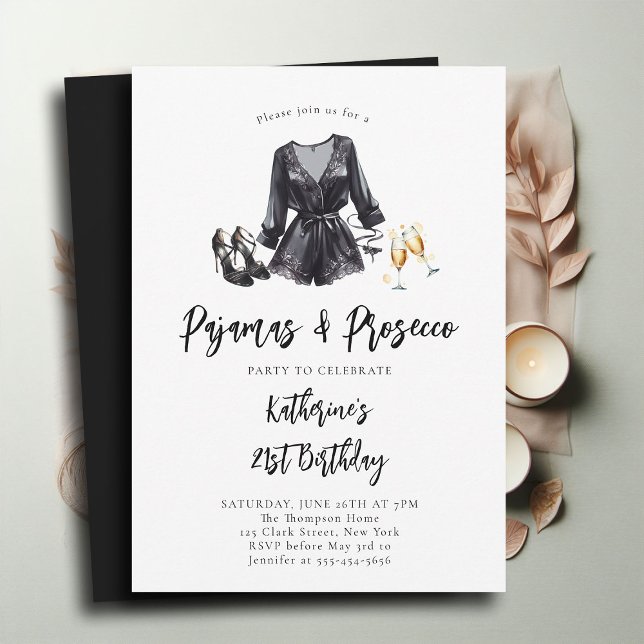 Pajamas Prosecco PJ Party Black Chic 21st Birthday Invitation (pajamas and prosecco 21st birthday invitation adult pj party slumber elegant black robe stilettos)