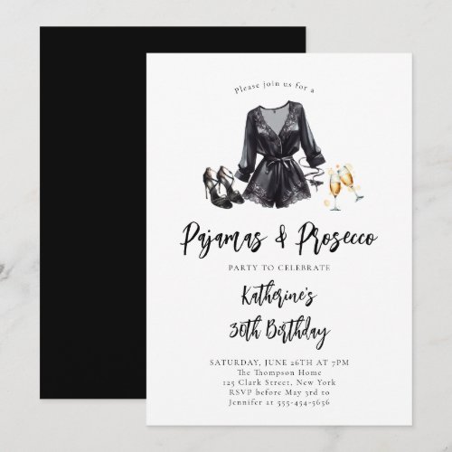 Pajamas Prosecco PJ Party Black Chic 30th Birthday Invitation