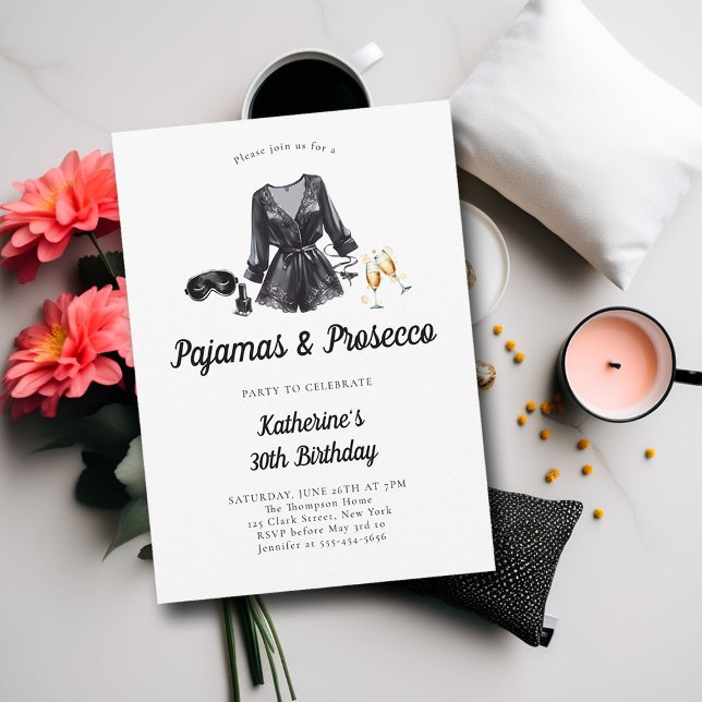 Pajamas Prosecco PJ Party Sassy Bold 30th Birthday Invitation (adult sleepover slumber party 30th birthday invitation elegant sassy black chic watercolor stylish)