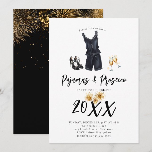 Pajamas Prosecco PJ Slumber Black New Year Party Invitation (Front/Back)