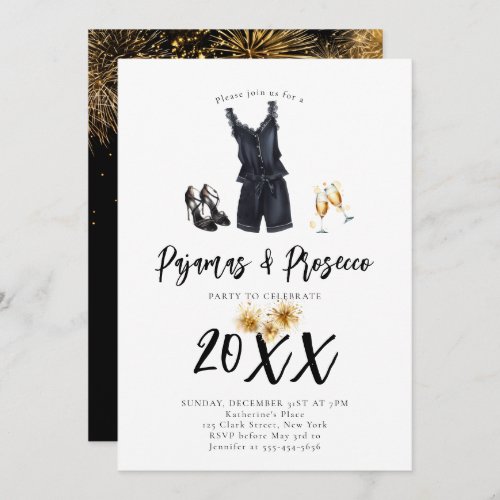 Pajamas Prosecco PJ Slumber Black New Year Party Invitation