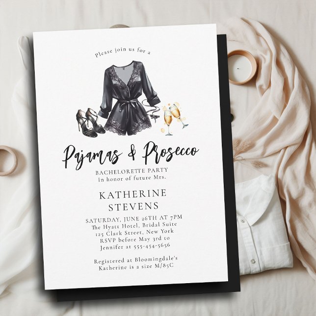 Pajamas Prosecco PJs Chic Black Bachelorette Party Invitation (pajama pj lingerie bachelorette party invitation black night robe champagne pajamas prosecco elegant)