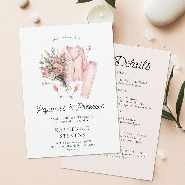 Pajamas Prosecco Wildflower Bachelorette Itinerary Invitation (pajamas prosecco bachelorette itinerary invitation champagne wildflowers lingerie pj elegant classy )
