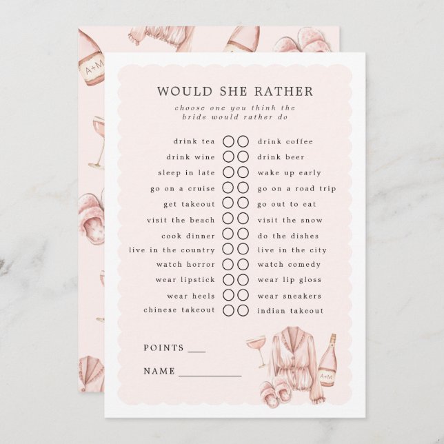 Pajamas & Prosecco Would She Rather Game Invitation (Front/Back)