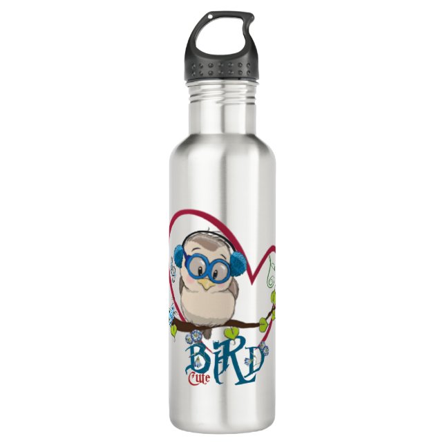 Pájaro lindo lleva auriculares stainless steel water bottle (Front)