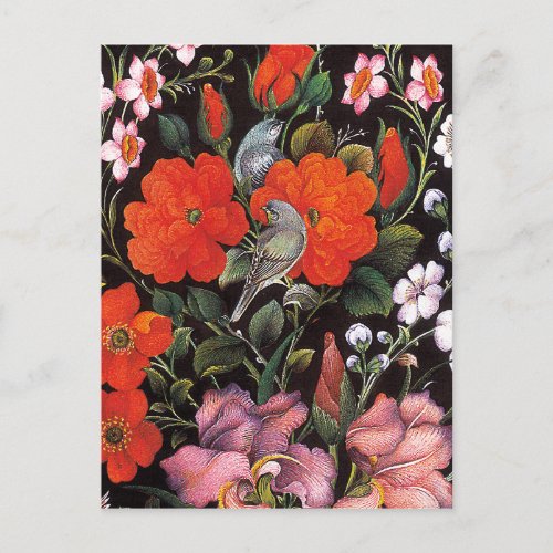 Pjaros en flores rojas arte oriental elegante postcard