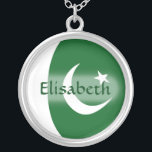 Pakistan Flag Name Necklace<br><div class="desc">The design for this attractive pendant features a name overlying the Pakistani flag, which has been neatly morphed to fit the round shape. The featured name can be changed to any name or text of your choice, creating a personalized gift for someone who loves Pakistan.
© 2011 FlagAndMap</div>
