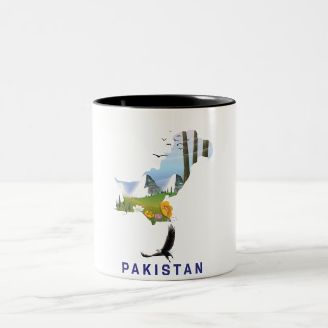 Pakistan travel poster map Two-Tone coffee mug (Center)