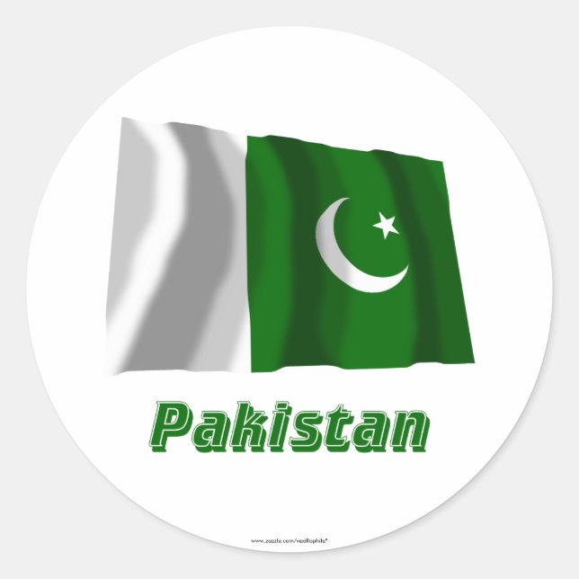 Pakistan Waving Flag with Name Classic Round Sticker (Front)