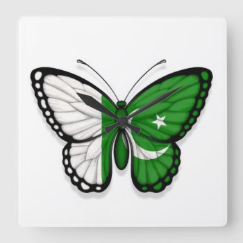 Pakistani Butterfly Flag Square Wall Clock by JeffBartels at Zazzle