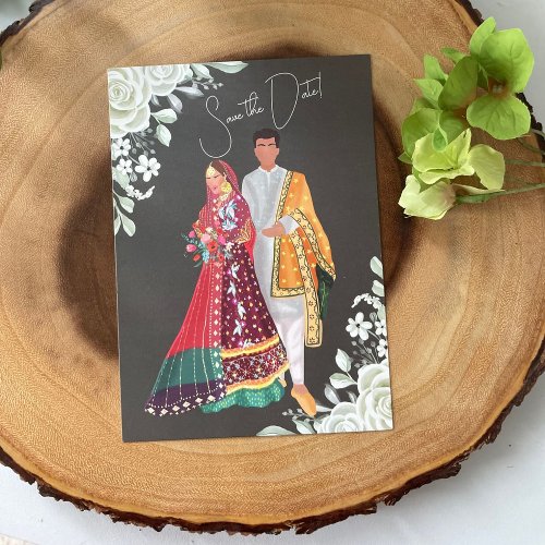 Pakistani wedding couple illustration  save the date