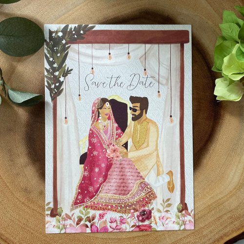 Pakistani wedding couple Illustration Save The Date