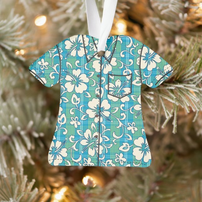Palaka Pareau Hawaiian Check Hibiscus Aloha Shirt Ornament (Tree)