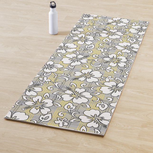 Palaka Pareau Hawaiian Check Hibiscus - Gray Yoga Mat (In Situ)