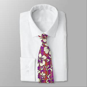 Palaka Pareau Hawaiian Check Hibiscus Print Neck Tie