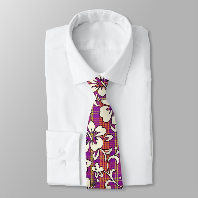 Palaka Pareau Hawaiian Check Hibiscus Print Neck Tie (Tied)