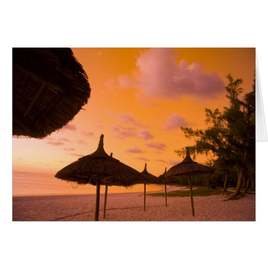 Palapa style beach huts at sunrise, Belle Mare 2 Card