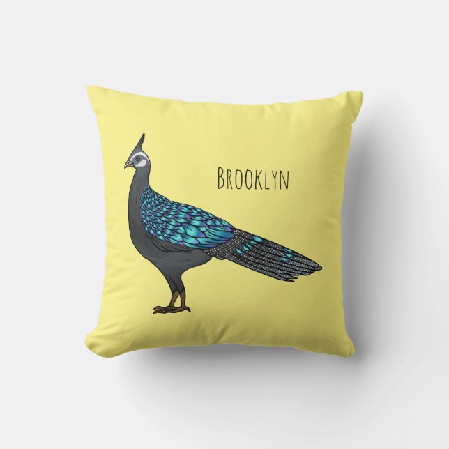 Palawan peacock pheasant bird cartoon illustration throw pillow (Front)