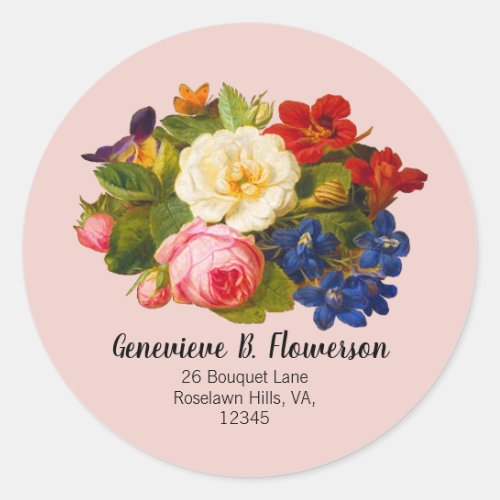 Pale Acacia White Roses Red Blue Floral Butterfly Classic Round Sticker
