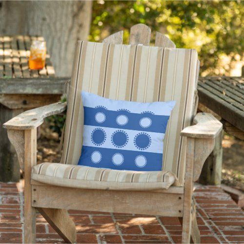 Pale and dark blue circle shapes and stripes outdoor pillow