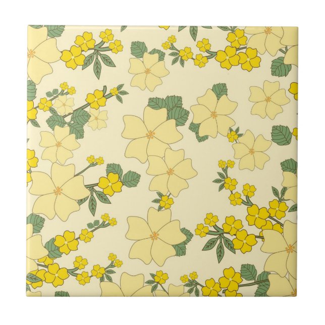 Pale and Dark Yellow Flowers Green Leaves Ceramic Tile (Front)