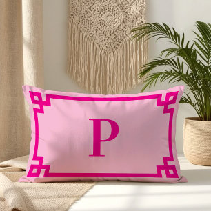 Pale and Hot Pink Greek Key Border Monogram Lumbar Pillow
