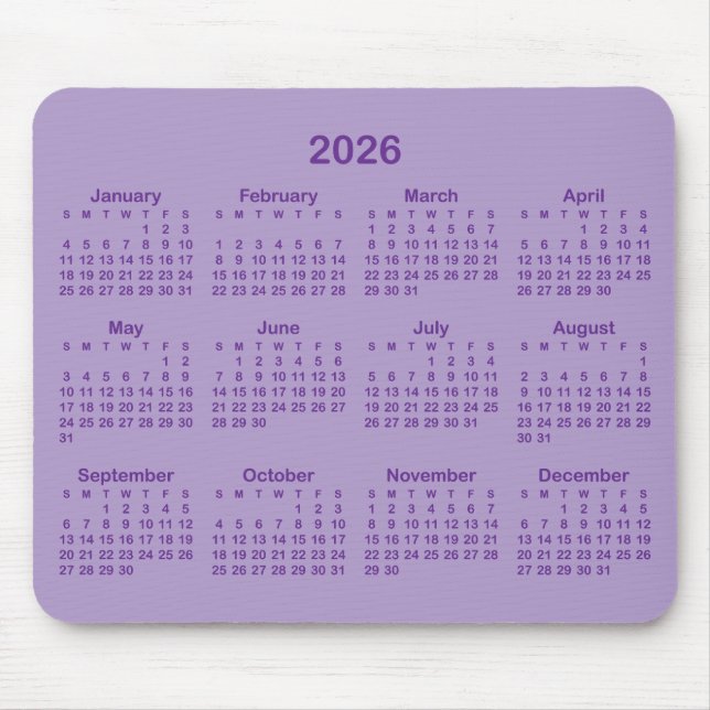Pale and Royal Purple 2026 Calendar Mouse Pad (Front)