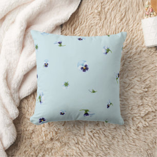 Pale Aqua Blue Purple Pansy Floral Pattern Throw Pillow
