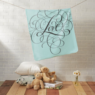 Pale Aqua Flourished LOVE Lettering Calligraphy Baby Blanket