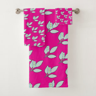 Pale Aqua Leaf With Blossoms Hot Pink Gift Bath Towel Set