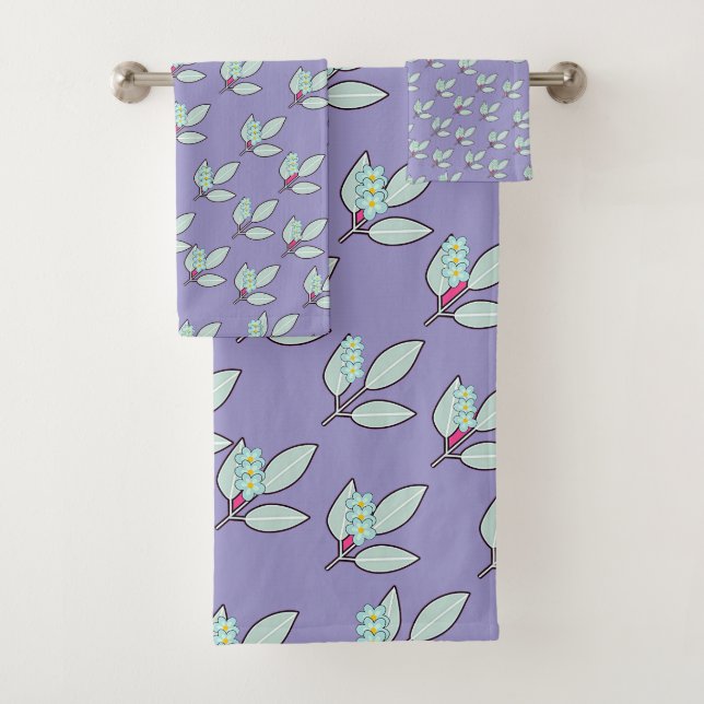 Pale Aqua Leaf With Blossoms Lavender Gift  Bath Towel Set (Insitu)