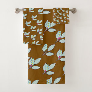 Pale Aqua Leaf With Blossoms Rich Brown Gift Bath Towel Set
