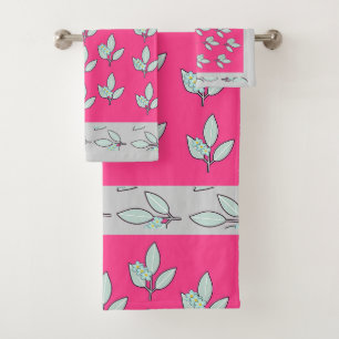 Pale Aqua Leaf With Blossoms Trim Hot Pink Gift Bath Towel Set