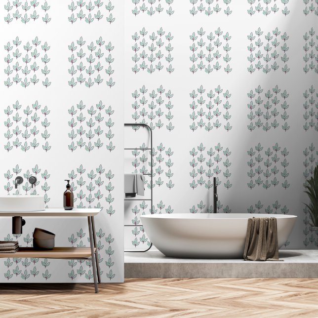 Pale Aqua Leaf With Blossoms  Wallpaper (Bathroom)