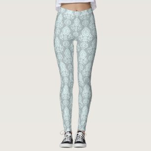 Pale Aqua Mint Blue Damask Filigree Scroll Floral Leggings