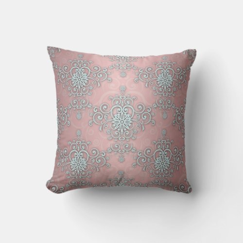 Pale Baby Blue and Pink Fancy Damask Pattern Throw Pillow