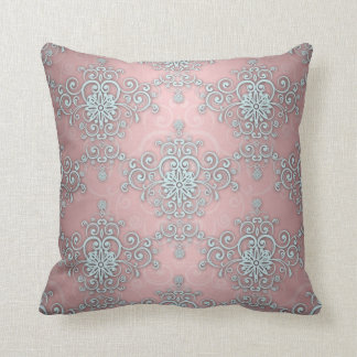 Pale Baby Blue and Pink Fancy Damask Pattern Throw Pillow