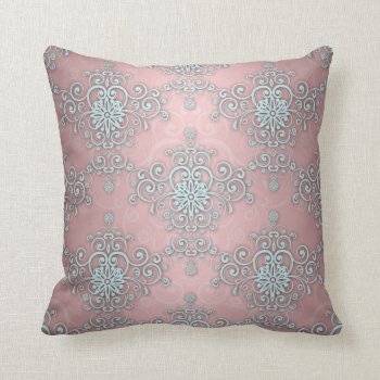 Pale Baby Blue And Pink Fancy Damask Pattern Throw Pillow by MHDesignStudio at Zazzle