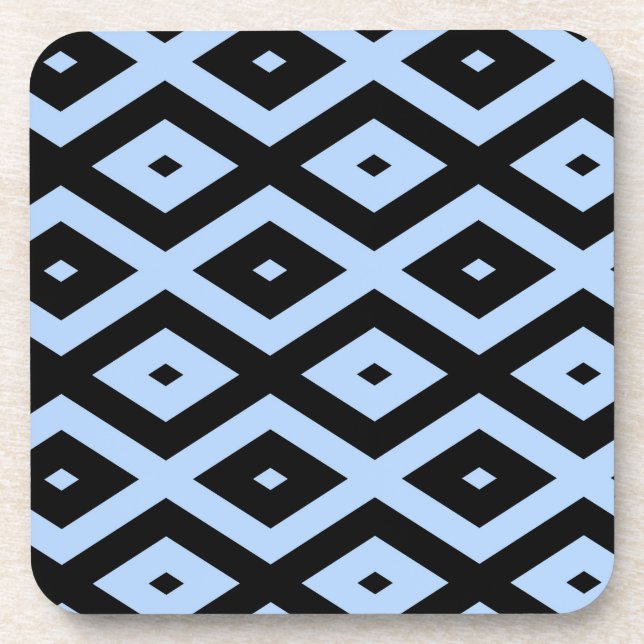 Pale blue and black diamond pattern beverage coaster (Front)