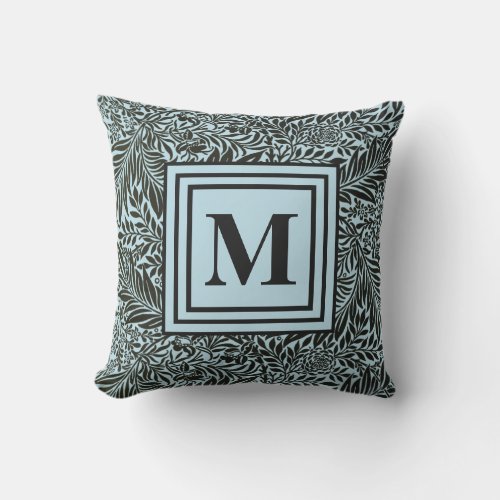 Pale Blue and Black Monogrammed Botanical Pattern Outdoor Pillow