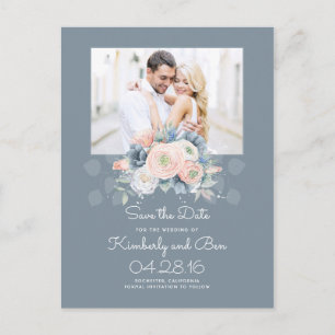 Pale Blue and Dusty Rose Floral Save the Date Announcement Postcard