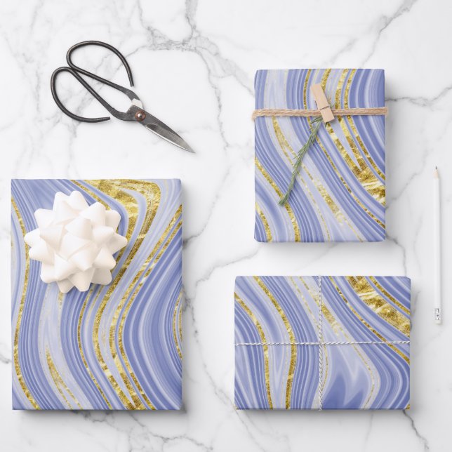 Pale Blue and Gold Marble Look Wrapping Paper Sheets (Front)