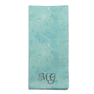 Pale blue and gold palm leaves pattern cloth napkin