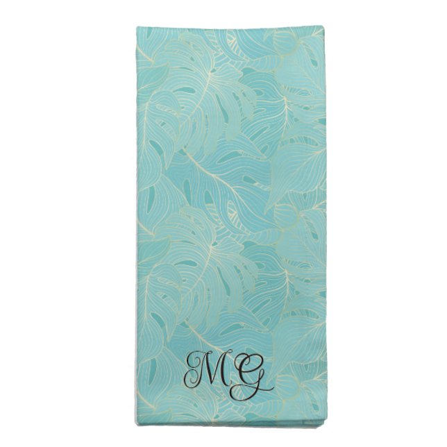 Pale blue and gold palm leaves pattern cloth napkin (Folded)